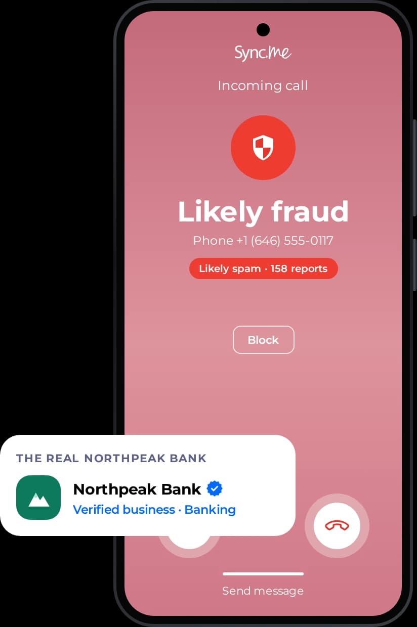 Android call flagged as likely fraud next to the real verified bank