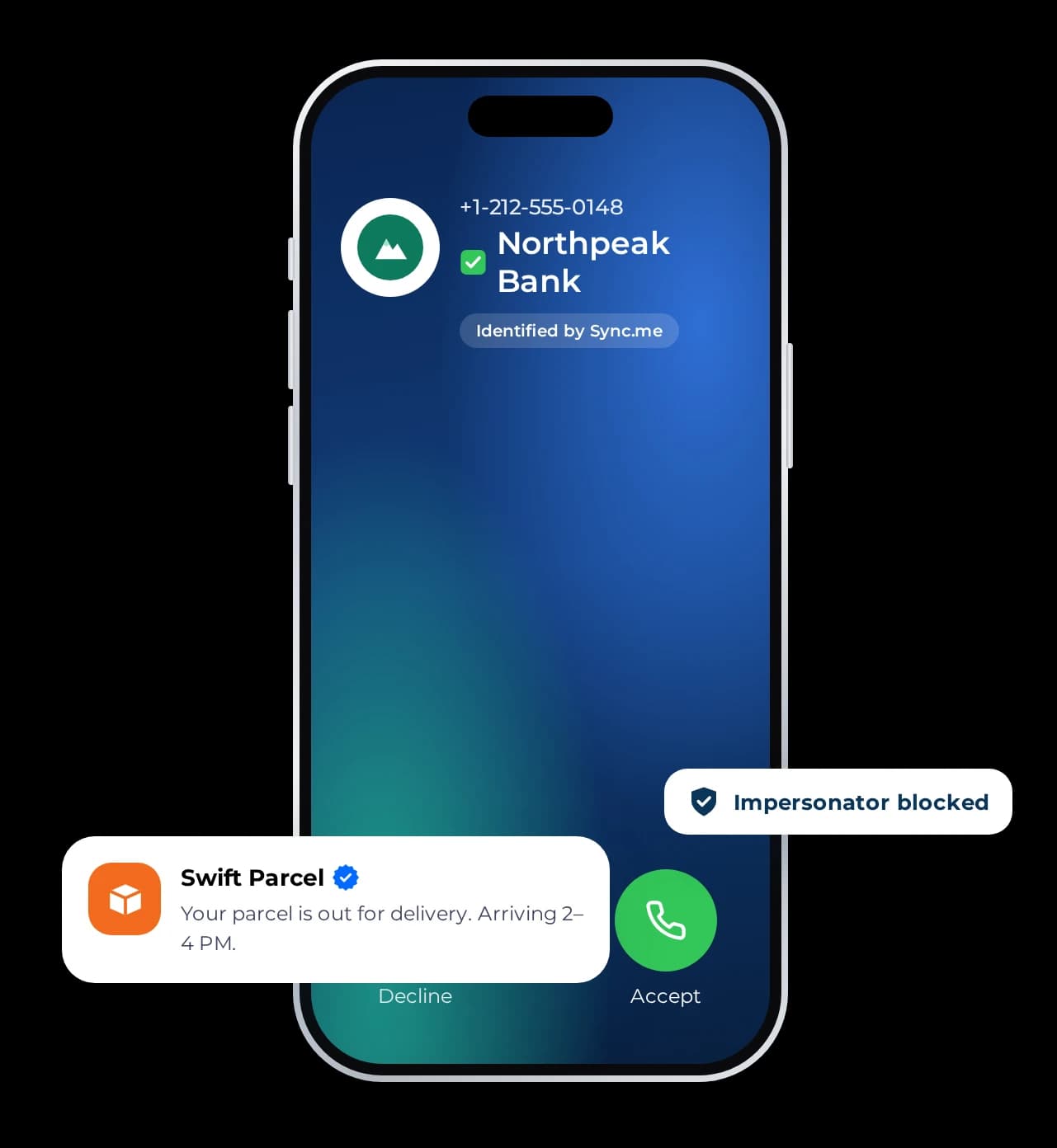 Incoming call identified by Sync.me as a verified business