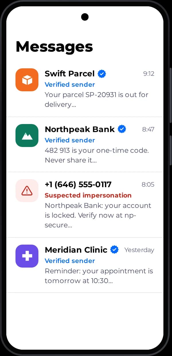 Messages inbox with verified senders