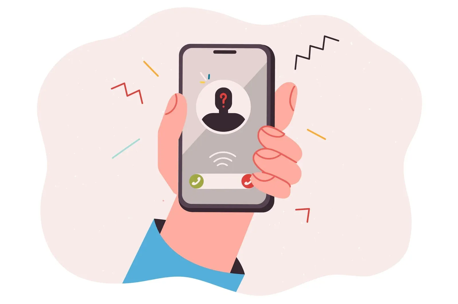 Phone in hand of person receiving anonymous call with unsolicited advertisement or scam offer