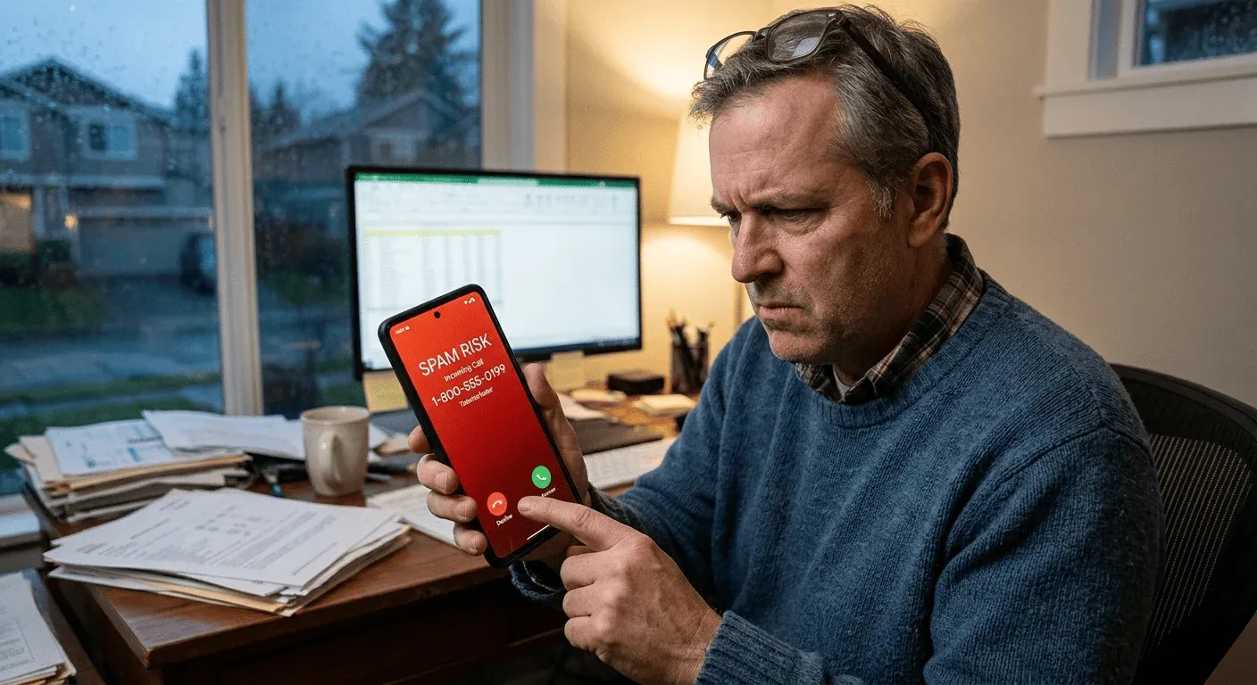 man looking at spam detection on his phone