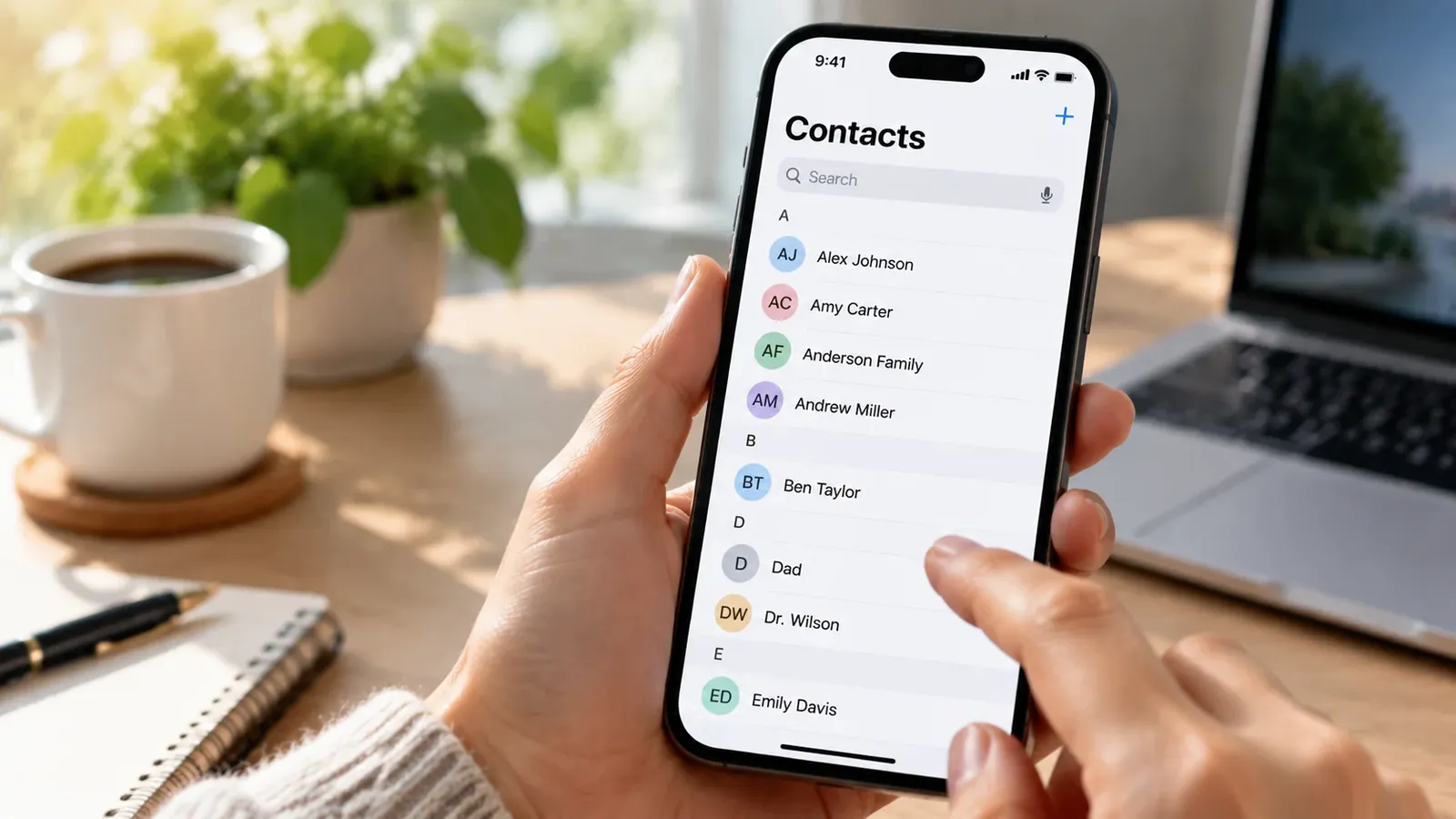 woman updating contacts on her phone