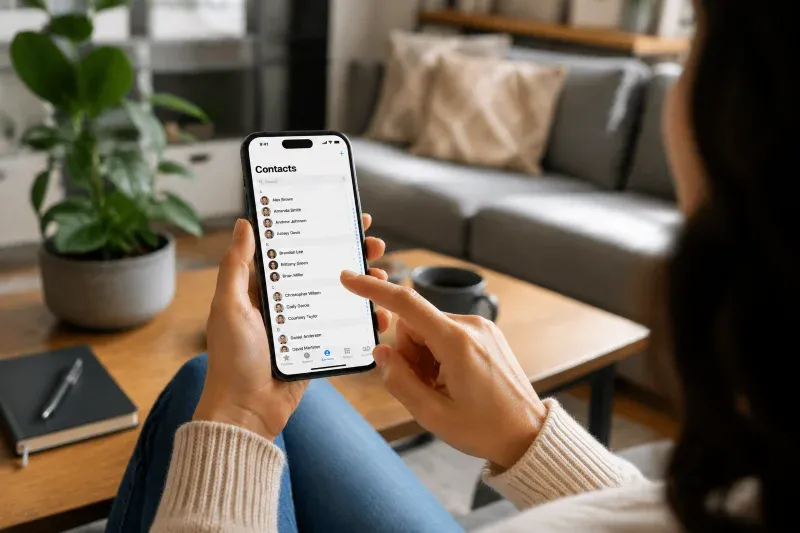 woman organizes her contact list